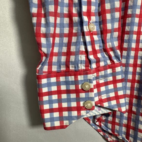 THOMAS DEAN Men's Red Blue Plaid Cotton Button Up Dress Shirt Size Medium - Picture 4 of 9